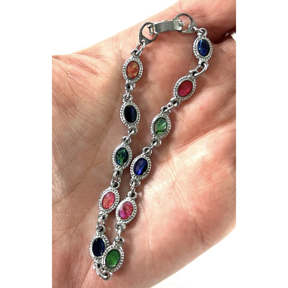 Beautiful Silver Tone Multicolor Inlay Link Bracelet Oval Bezel 7” - Picture 4 of 4
